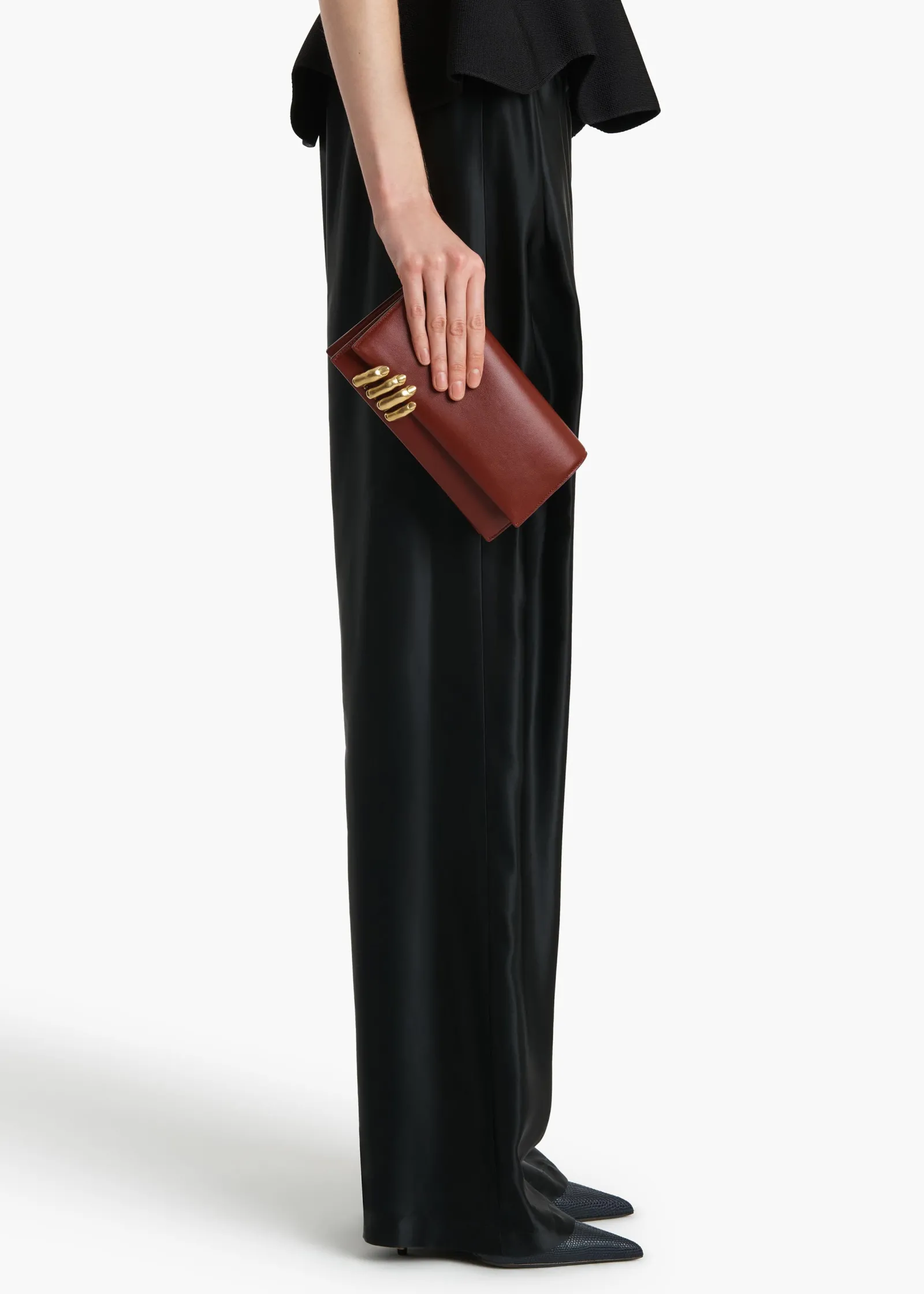 Khaite Evening-Sculpted Hand Clutch in Oxblood Leather