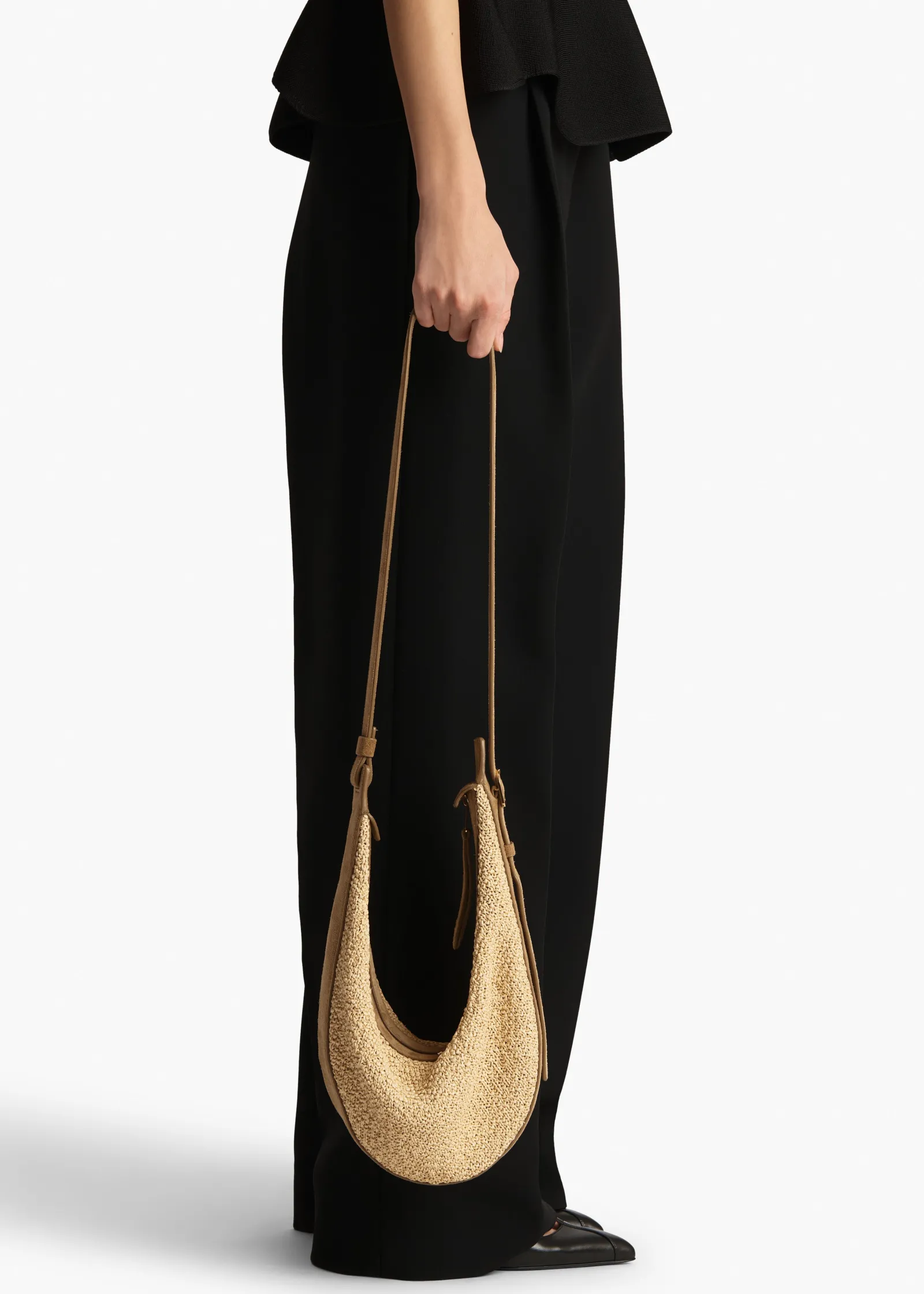 Khaite Crossbody Bags-Small Augustina Crossbody Bag in Wheat Suede and Natural Raffia