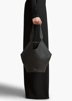 Khaite Totes-Small Lotus Tote in Black Pebbled Leather