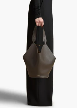 Khaite Totes-Small Lotus Tote in Dark Brown Pebbled Leather