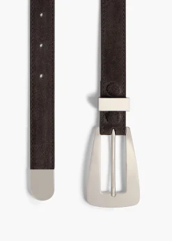 Khaite Belts-Small Lucca Belt in Dark Brown Suede with Silver