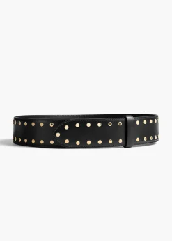 Khaite Belts-Theo Waist Belt in Black Leather with Gold Studs